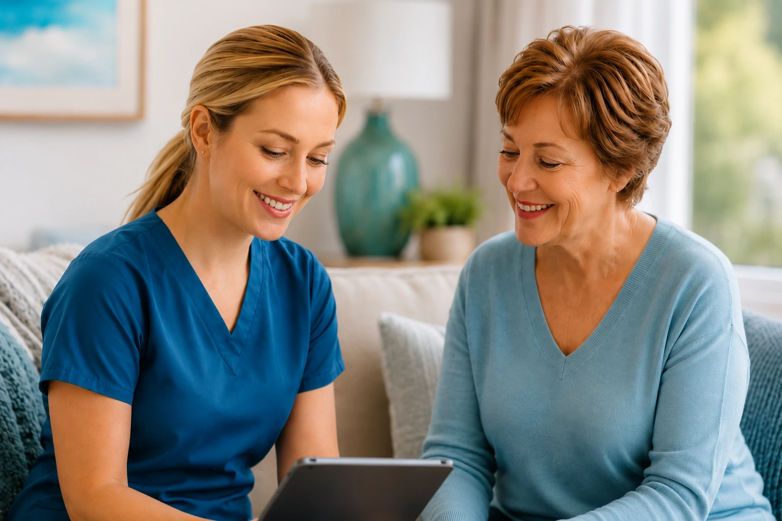 Smiling caregiver discusses home care with an older client in a cozy living room.