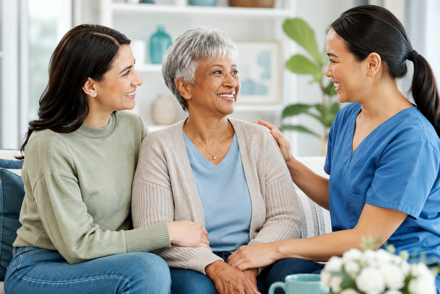 Senior adult smiling with an adult child and professional caregiver during a warm in-home care conversation.
