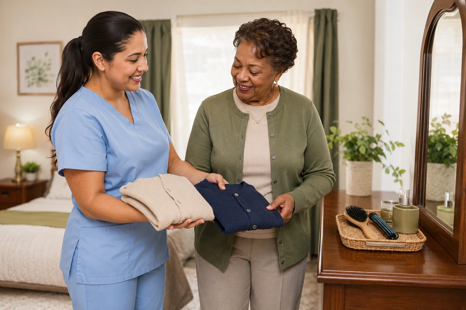 A professional caregiver helps an older woman choose folded clothing in a bright bedroom, showing respectful daily routine support for dressing, grooming, and personal care at home.